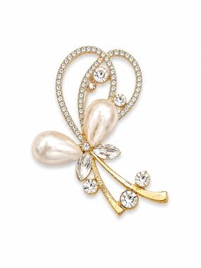 Elegant Pearl & Rhinestone Bow Brooch Pin Gold Tone Fashion Jewelry New